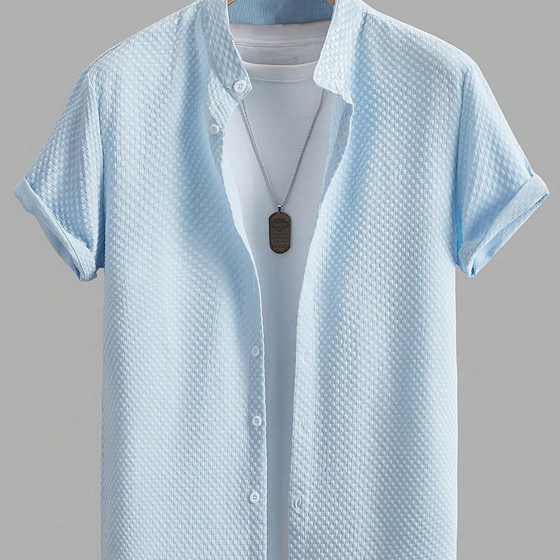 Camisa Casual de Cuello Alto para Hombre Verano Transpirable de Color Sólido