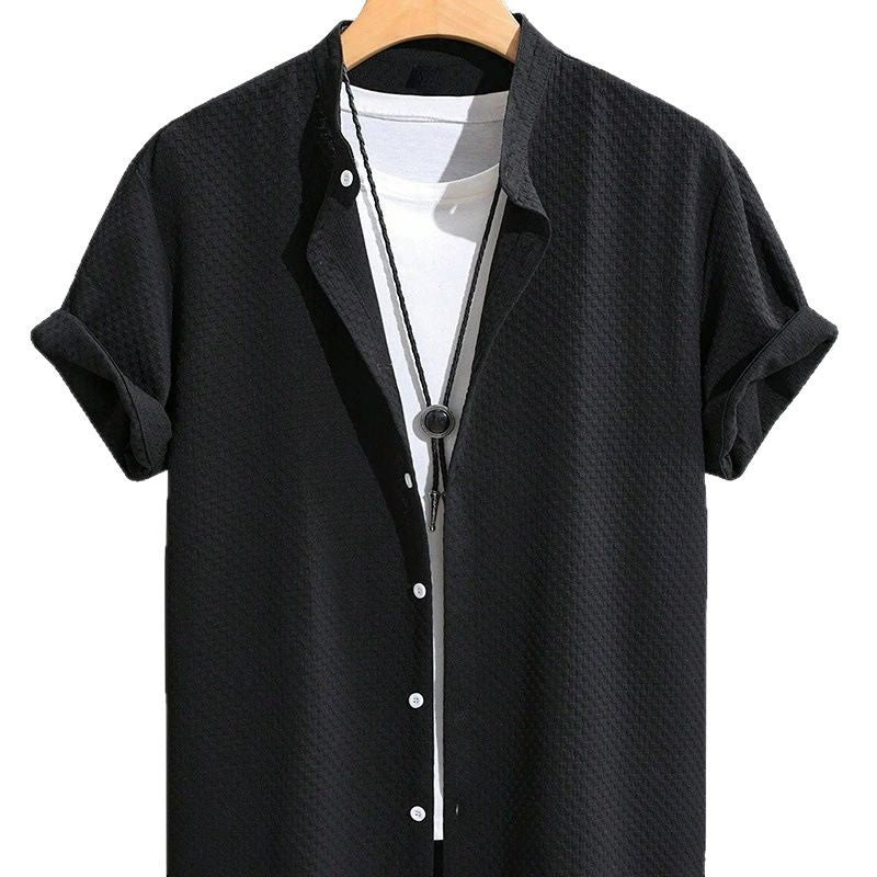 Camisa Casual de Cuello Alto para Hombre Verano Transpirable de Color Sólido