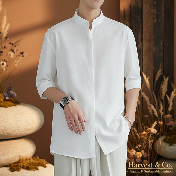 Camisa de Hombre China Camisa de Verano con Cuello de Pie Camisa de Media Manga para Hombre