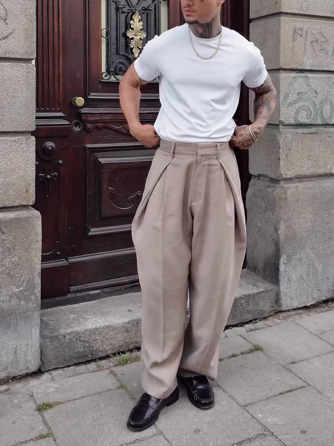 Pantalones de Cintura Alta con Pliegues para Hombre