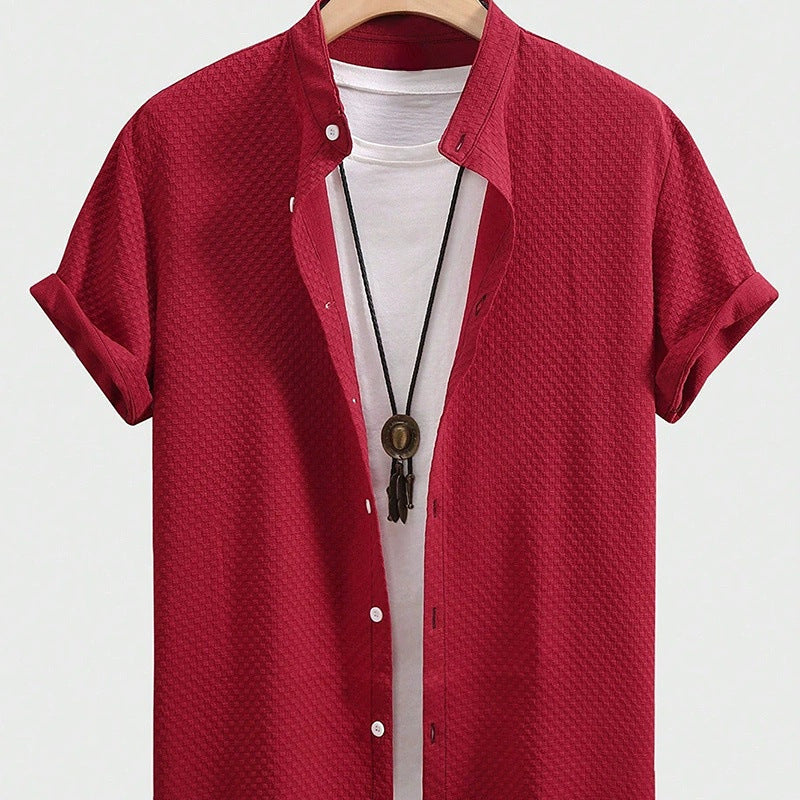 Camisa Casual de Cuello Alto para Hombre Verano Transpirable de Color Sólido