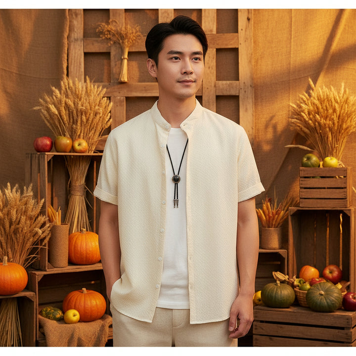 Camisa Casual de Cuello Alto para Hombre Verano Transpirable de Color Sólido